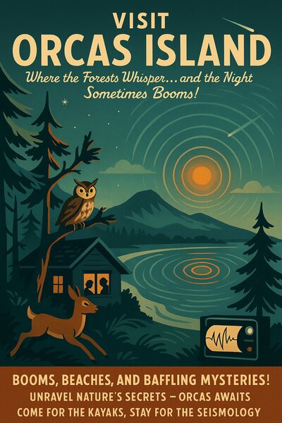 Orcas Island under a starry night sky, showing the peaceful setting disrupted by mysterious explosive sounds